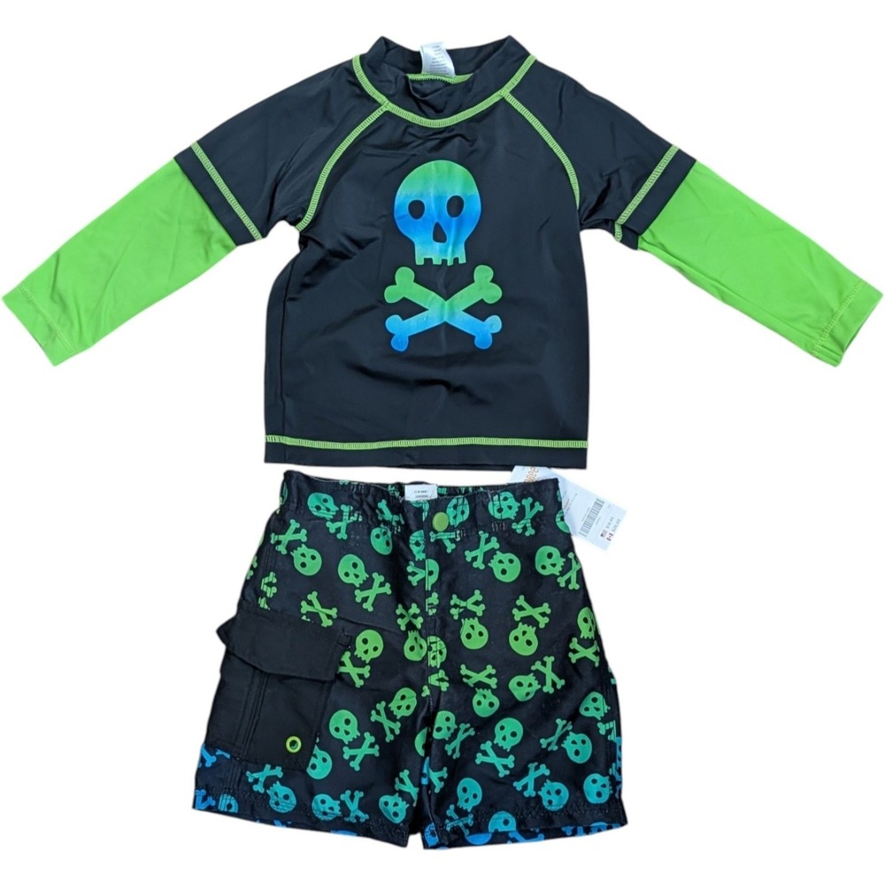 Gymboree Swimsuit Set Toddler 18-24M Black Green Skull Rash Guard Swim Trunks